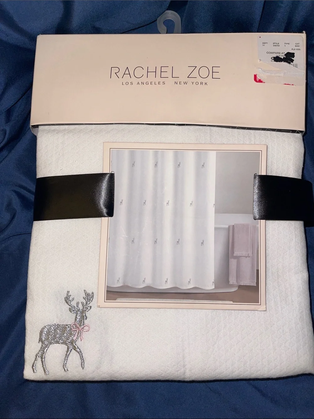 Rachel Zoe White Shower Curtain with Silver Embroidered Reindeer and Pink Bow